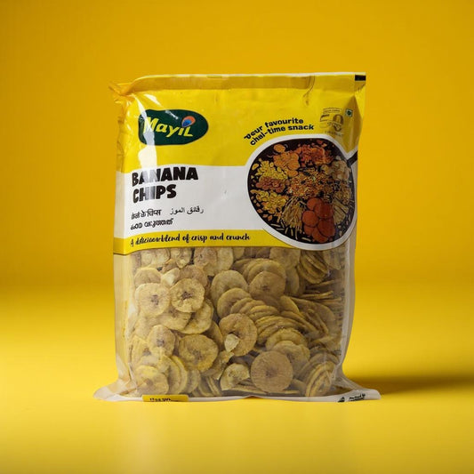 Bag of Mayil Banana Chips on a yellow background