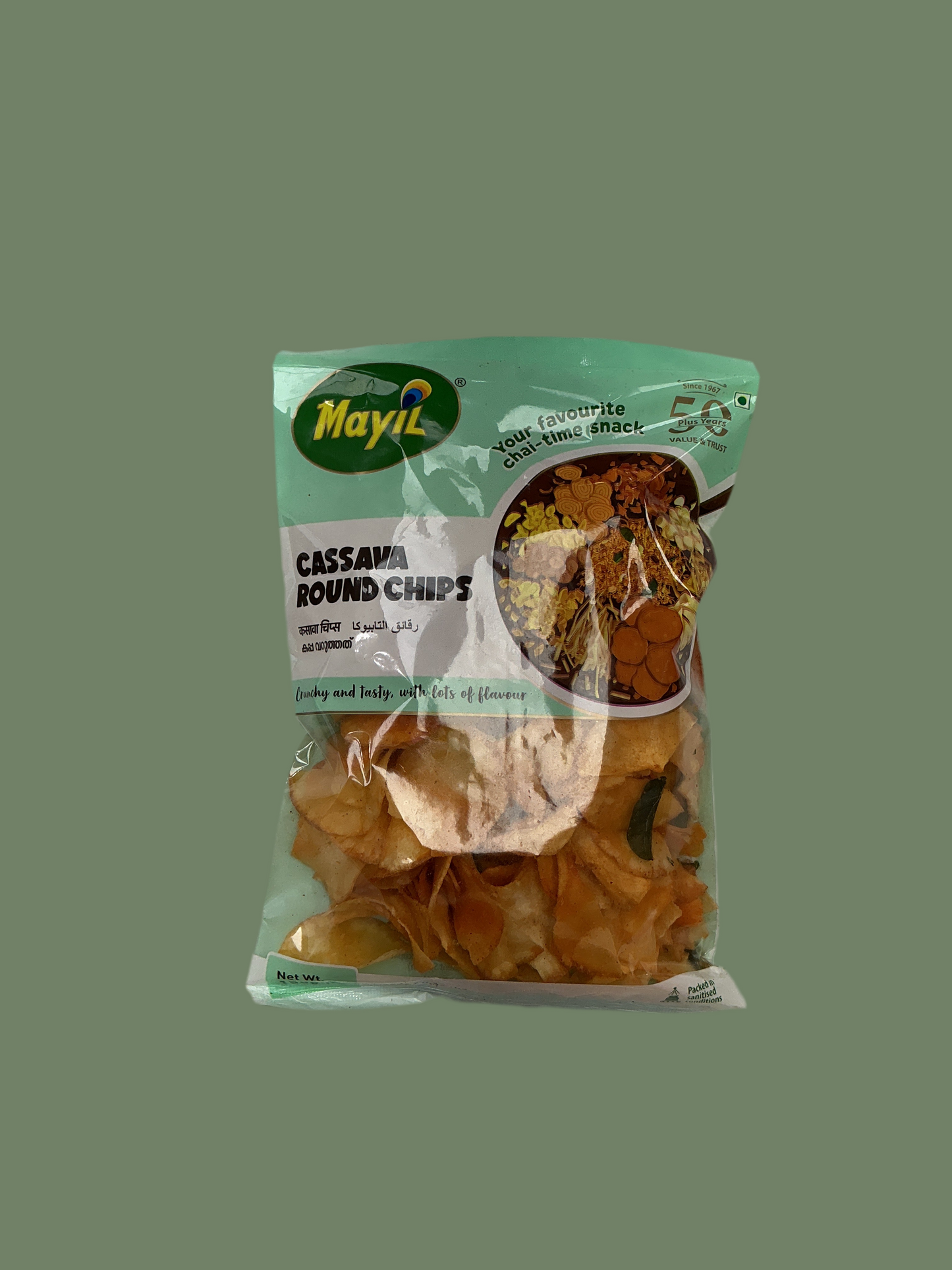 Packaged cassava round chips with Mayil brand label on a green background