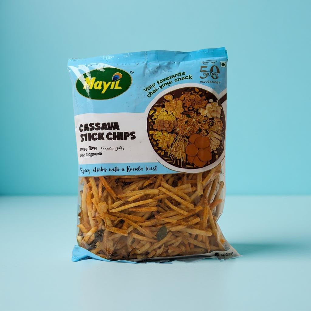 Packaged Cassava Stick Chips with Mayil brand on a blue background