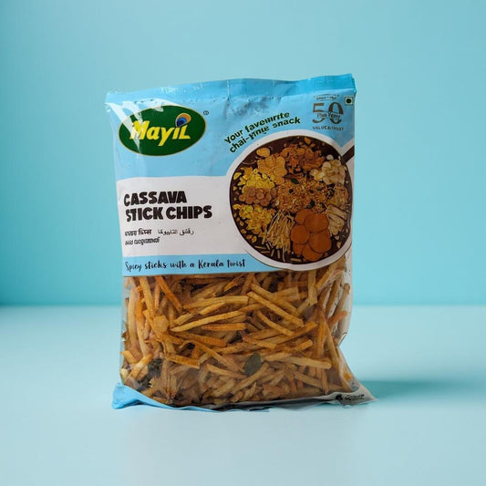 Packaged Cassava Stick Chips with Mayil brand on a blue background