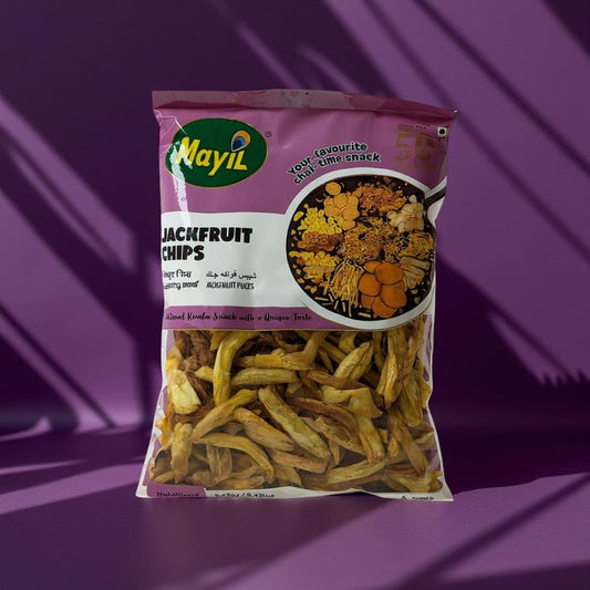 Packaged jachfruit chips with Mayil brand on a purple background