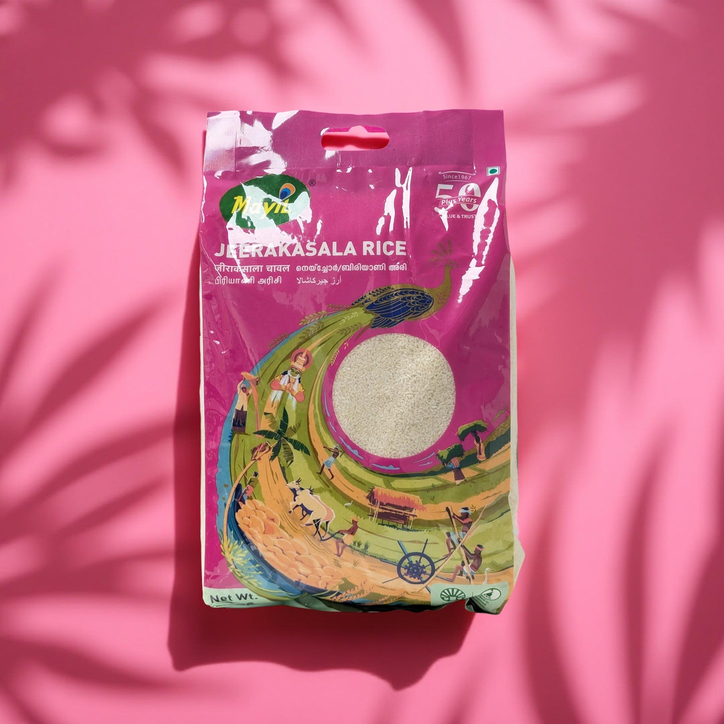 Jeevika Jeerakasala Rice packaging on a pink background