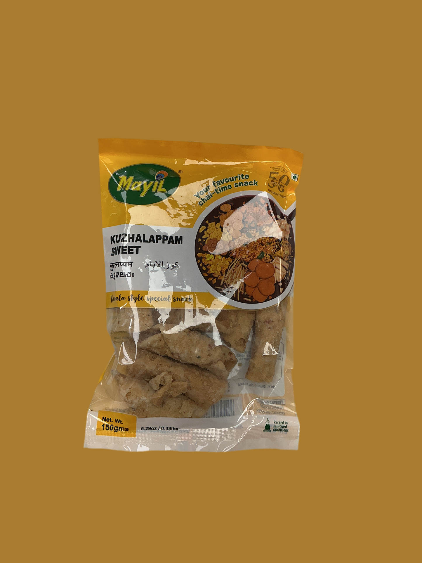 Packaged food item with a yellow label on a brown background