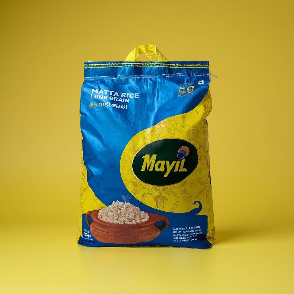 Mayil branded rice bag on a yellow background