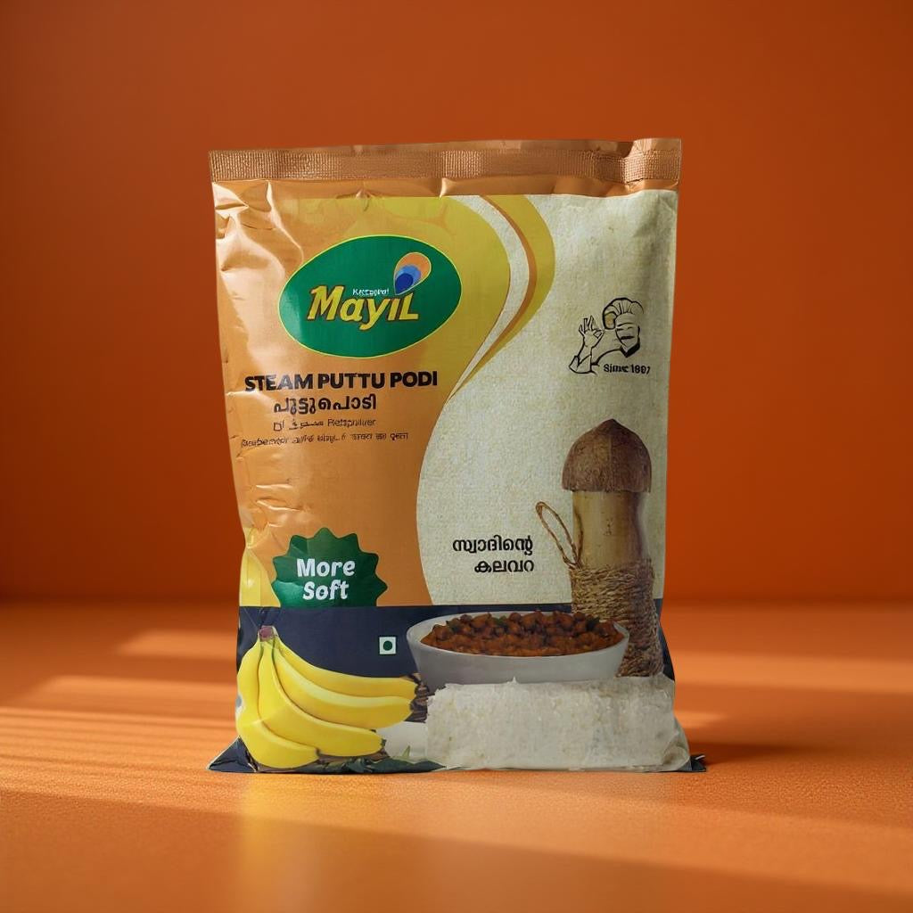 Mayil brand packaging of Steam Puttu Podi on an orange background