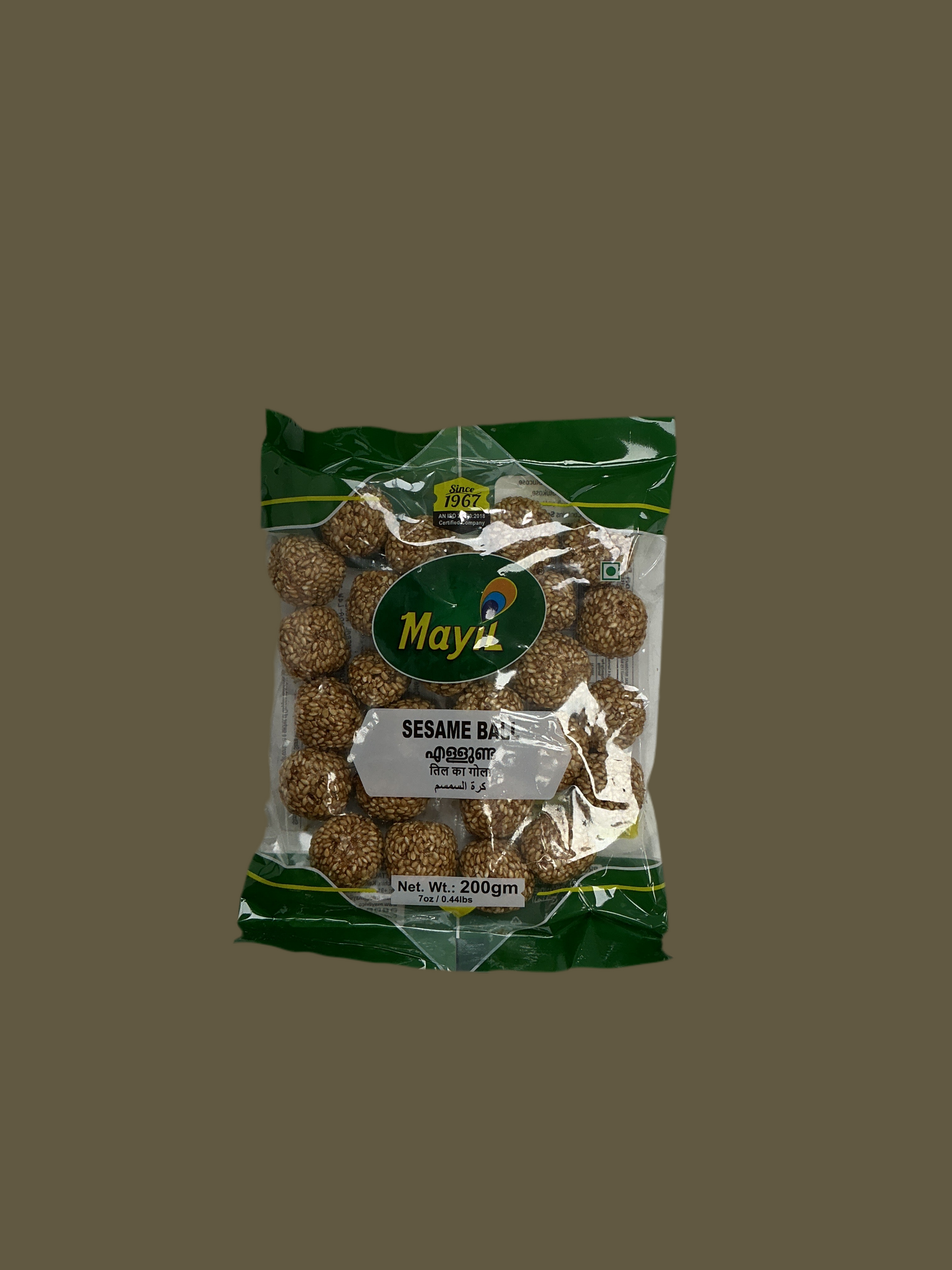 Packaged sesame balls with Maya branding on a brown background