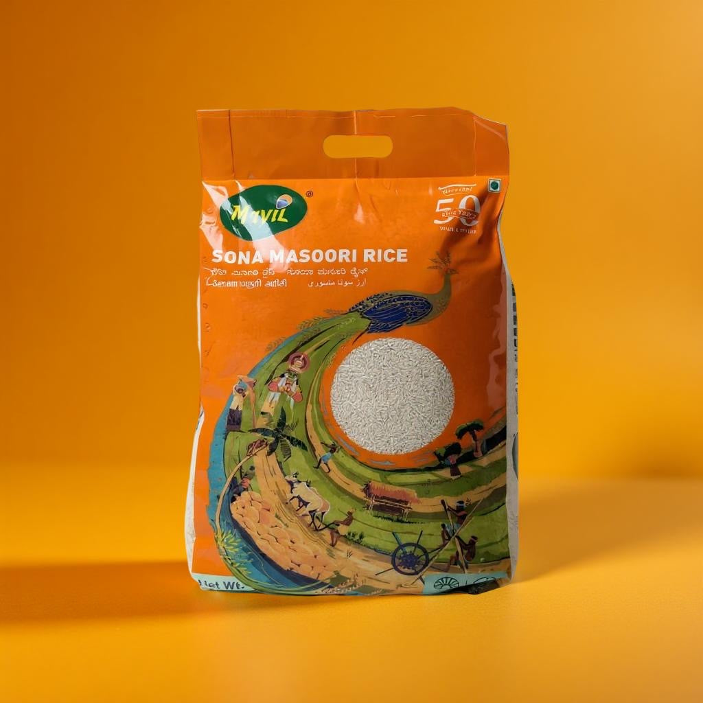 Orange bag of Sona Masoori rice with a colorful design on an orange background