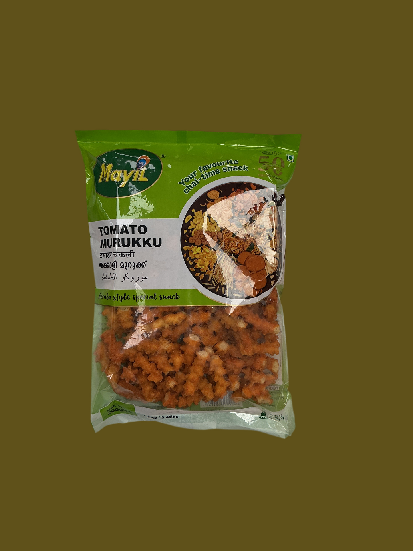 Packaged snack with a green label on a solid background