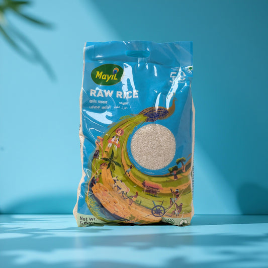 Mayil Raw Rice package on a blue background