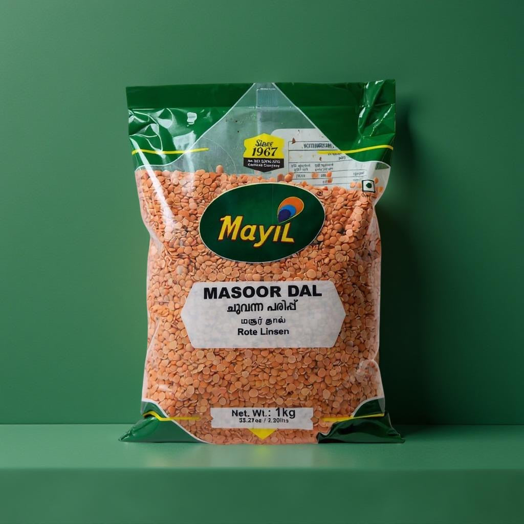 Packaged Masoor Dal from Mayil on a green background