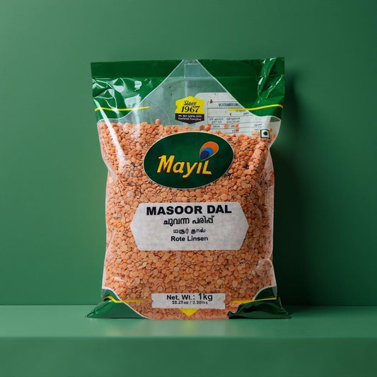 Packaged Masoor Dal from Mayil on a green background