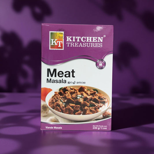 KT Kitchen Treasures Meat Masala packaging on a purple background