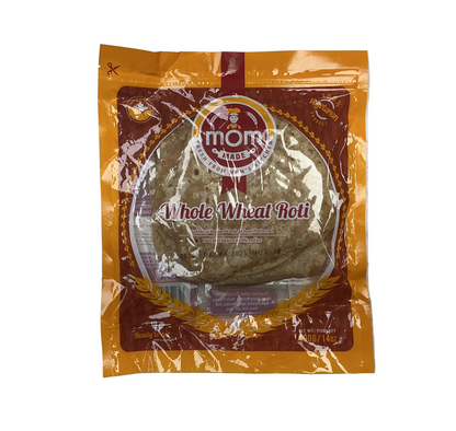 Packaged whole wheat roti with 'mom made' branding on a white background