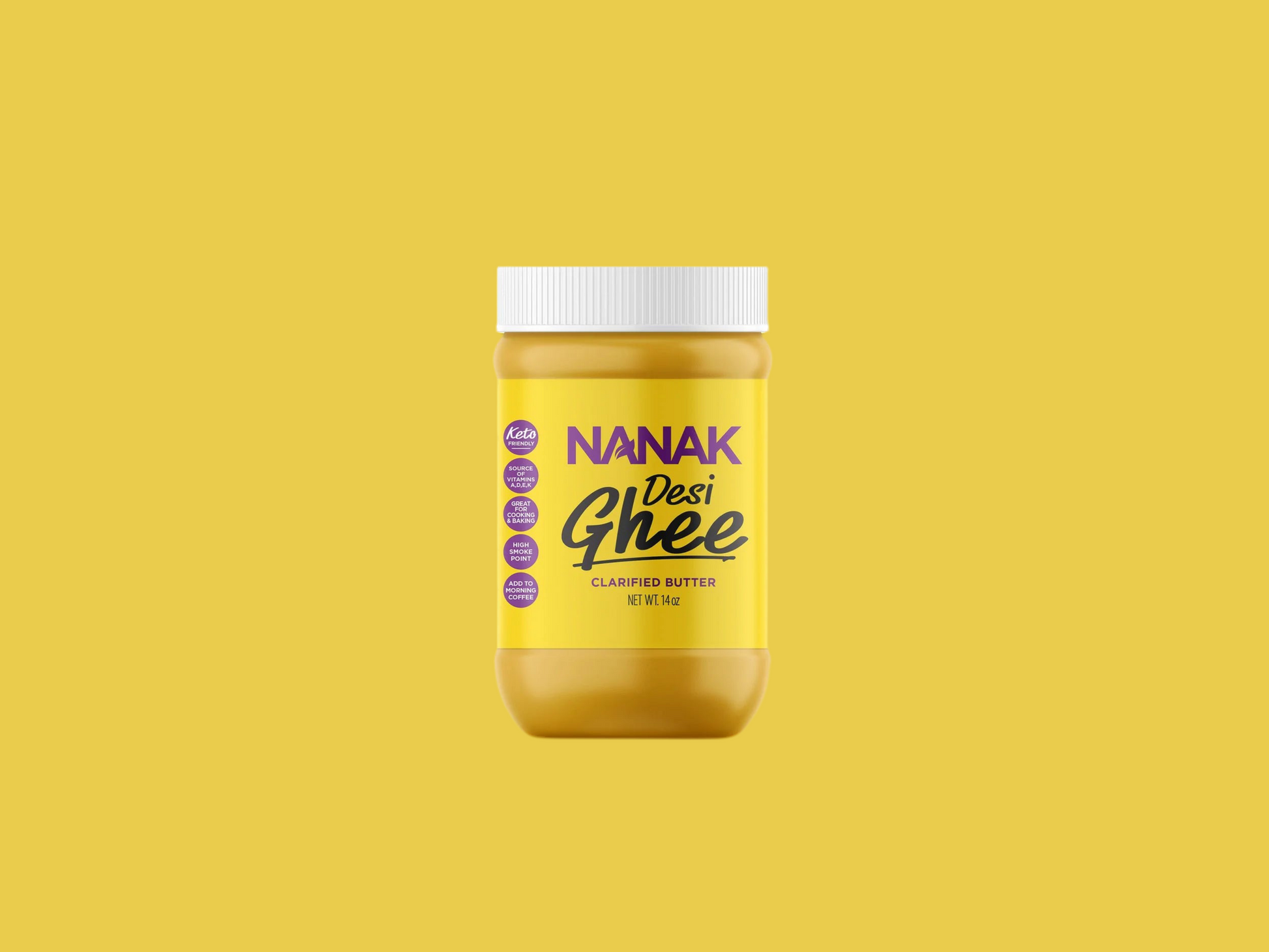 Jar of Nanak Desi Ghee on a yellow background
