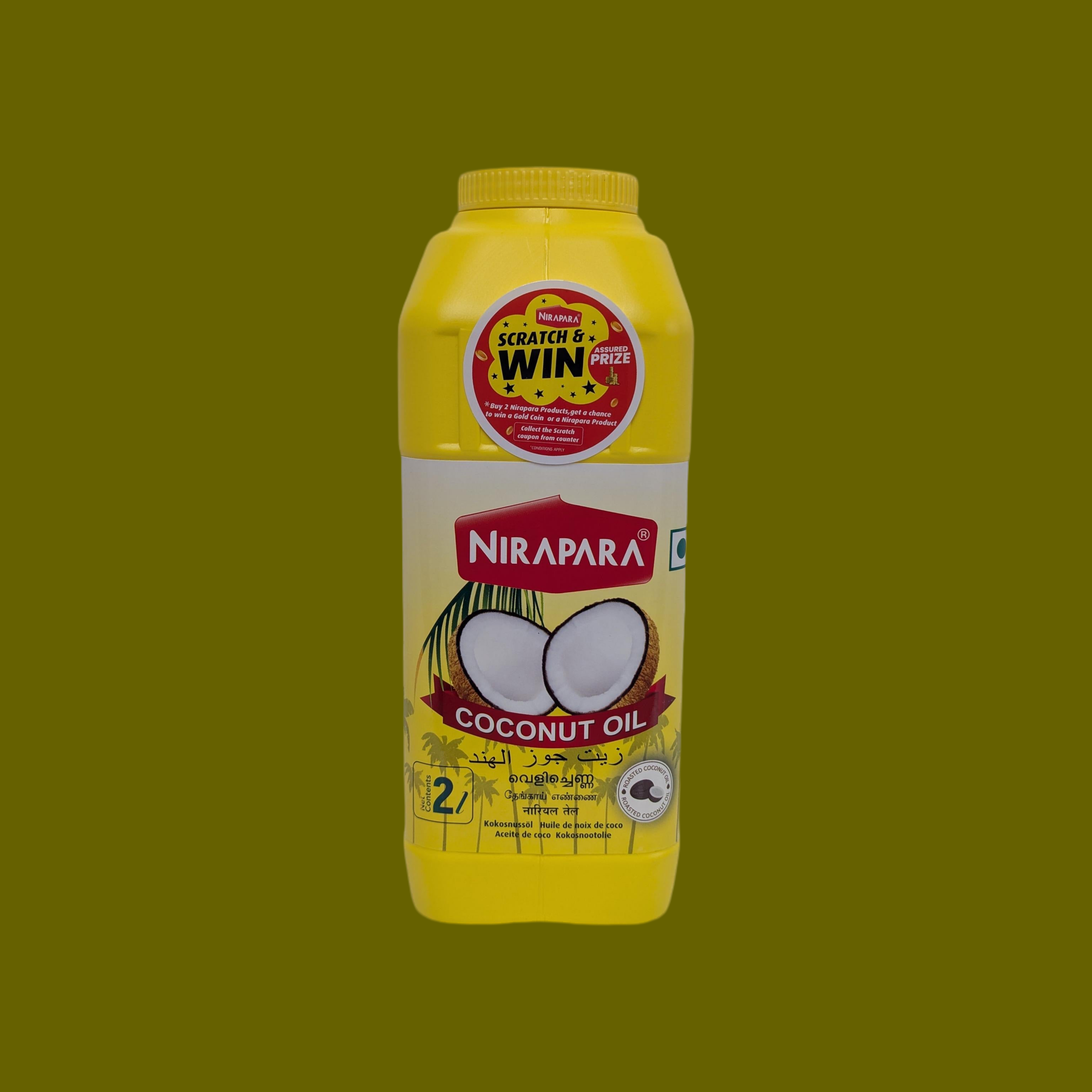 Nirapara coconut oil bottle with yellow label on a green background