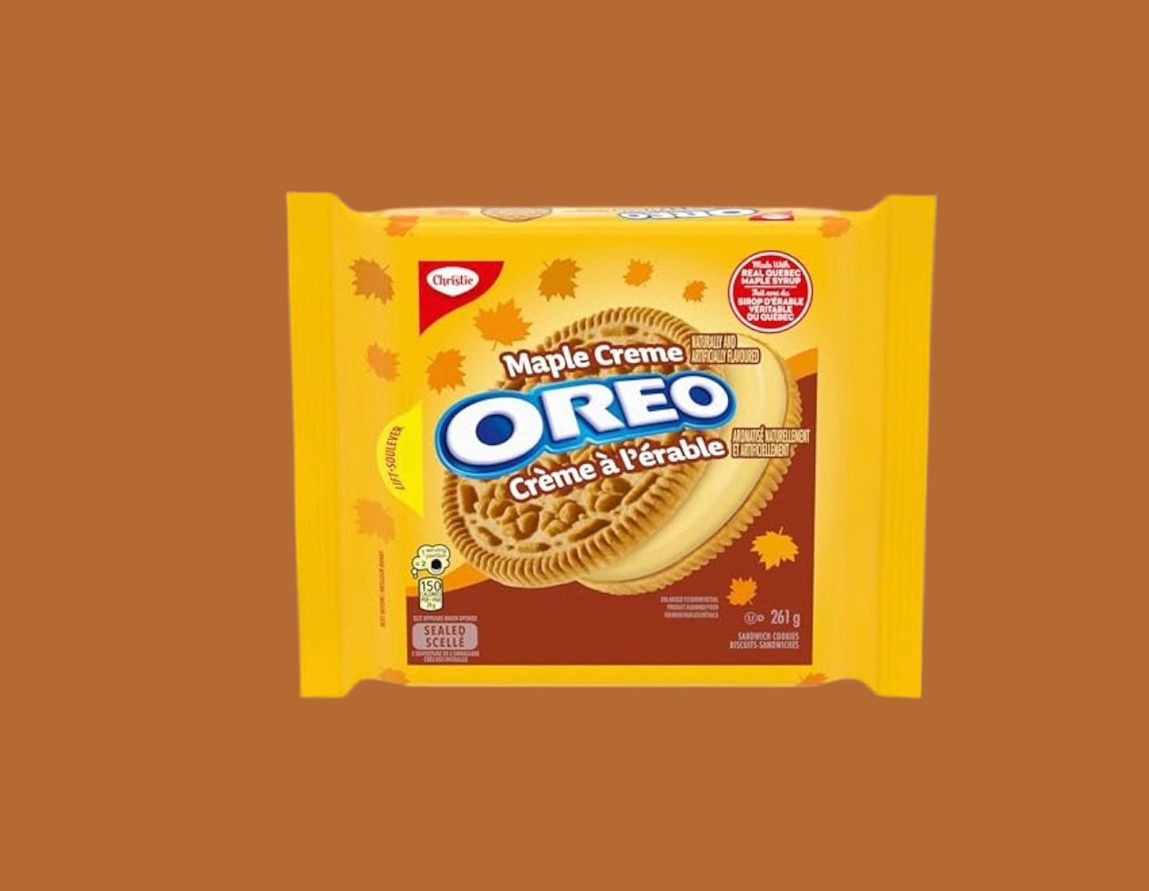 OREO Maple Creme cookie package on a brown background