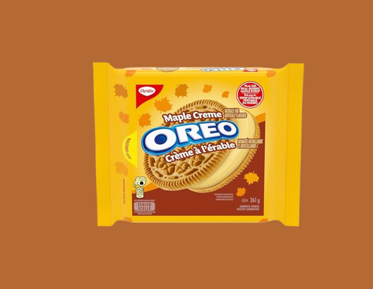 OREO Maple Creme cookie package on a brown background