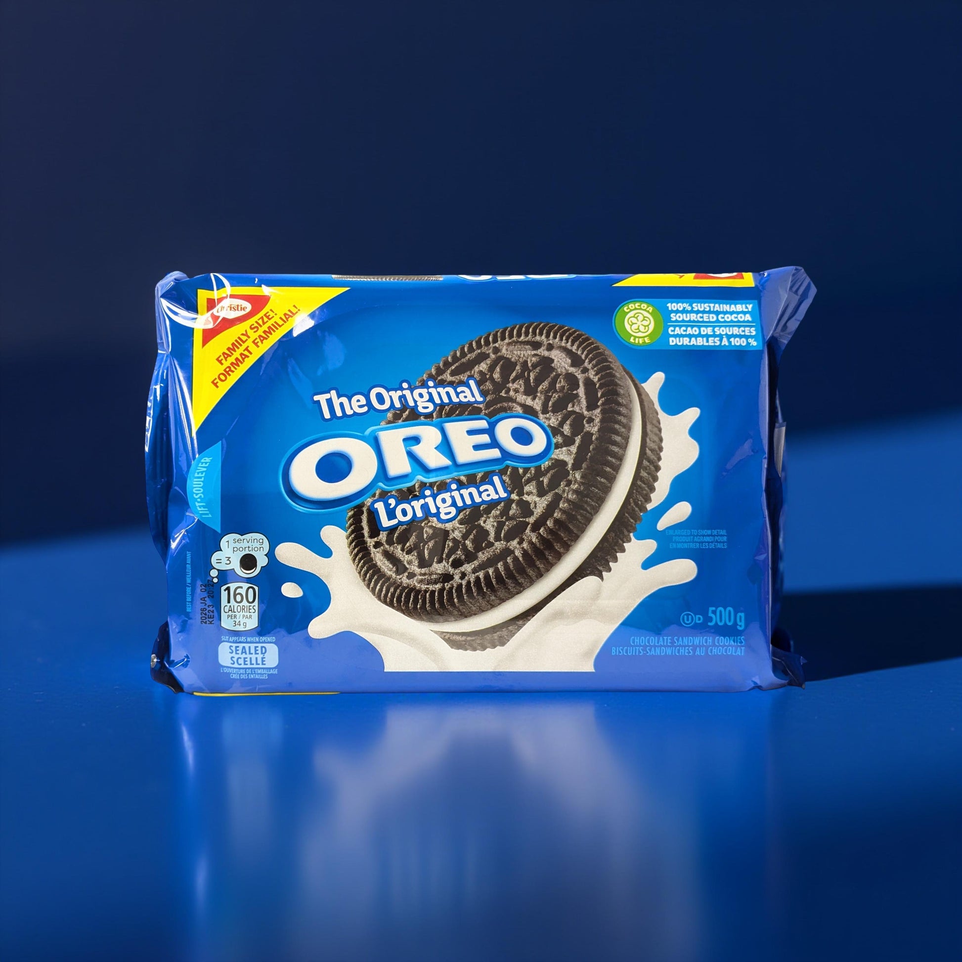 OREO cookie package on a blue background