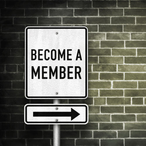 Street sign with 'Become a Member' text on a brick wall background