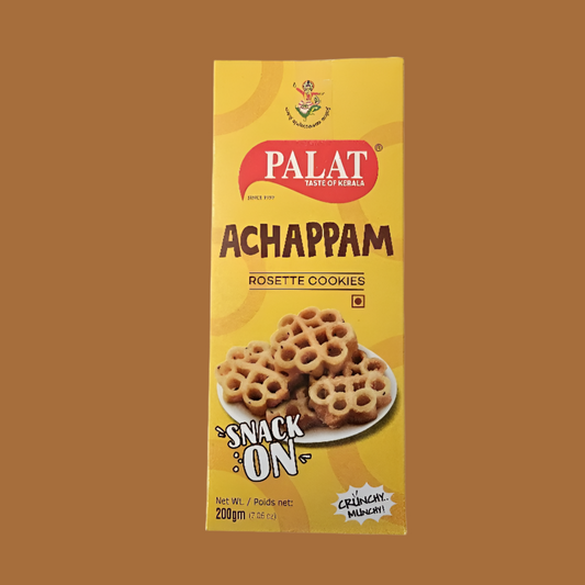 Box of Palat Achappam Rosette Cookies on a brown background