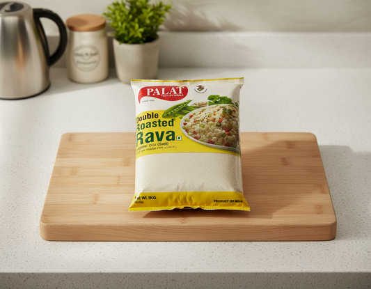 Packaged food on a wooden cutting board with a neutral background