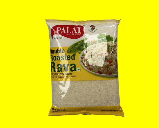 Packaged product labeled 'Palat Double Roasted Rava' on a yellow background