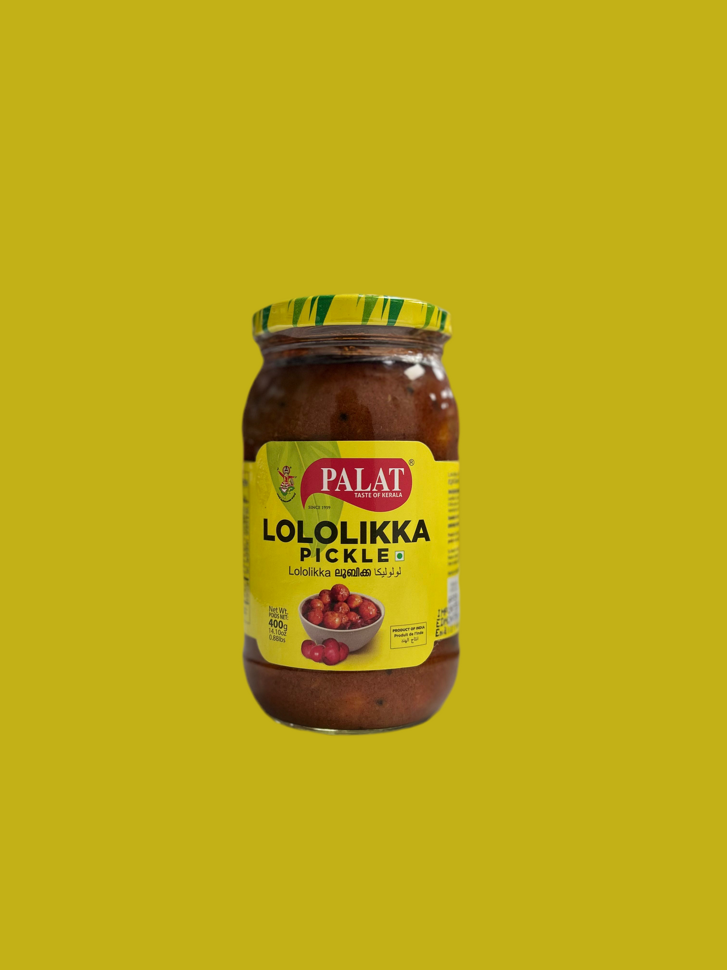 Jar of Palat Lololikka Pickle on a yellow background