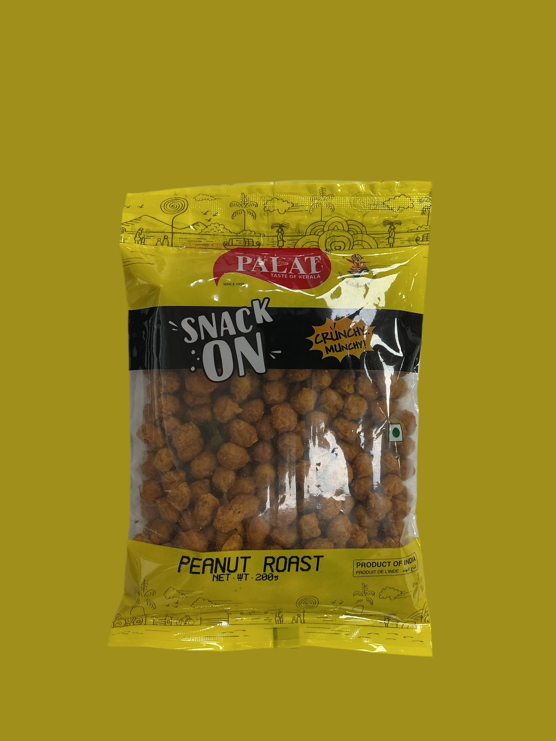 Packaged snack of peanut roast with a yellow and black label on a yellow background