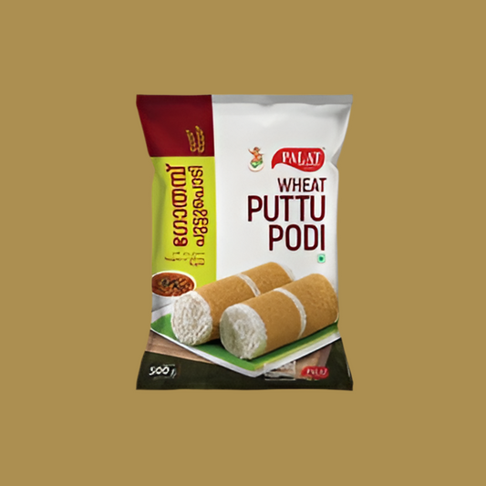 Two packets of Palat Wheat Puttu Podi on a beige background