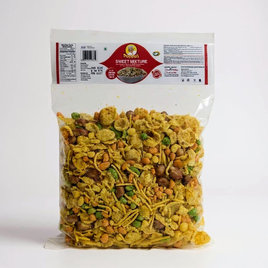 Packaged sweet mixture with a visible brand label on a white background