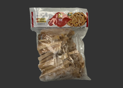 Packaged dog treats on a marble surface
