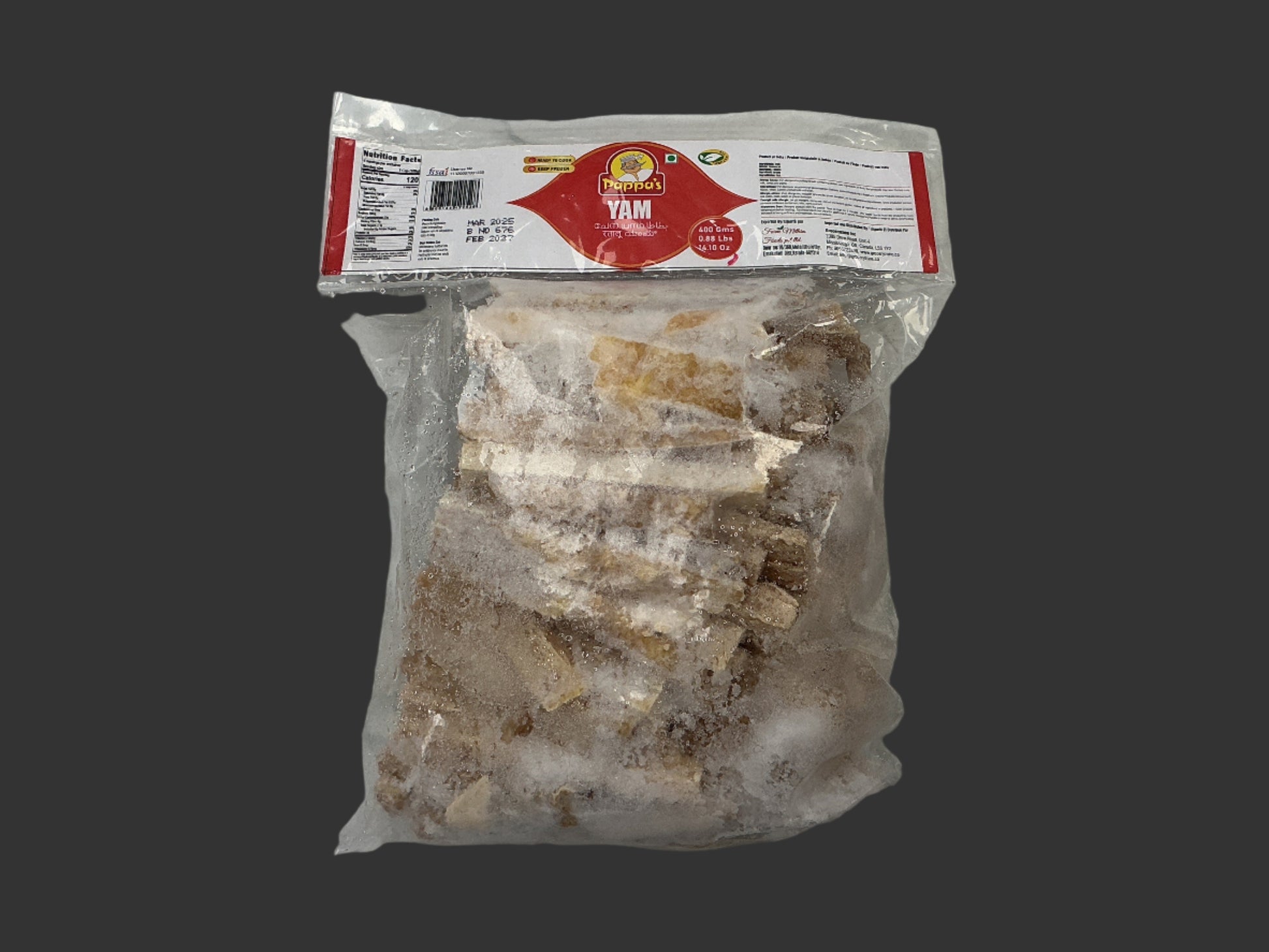 Packaged yams on a marble surface with visible brand label