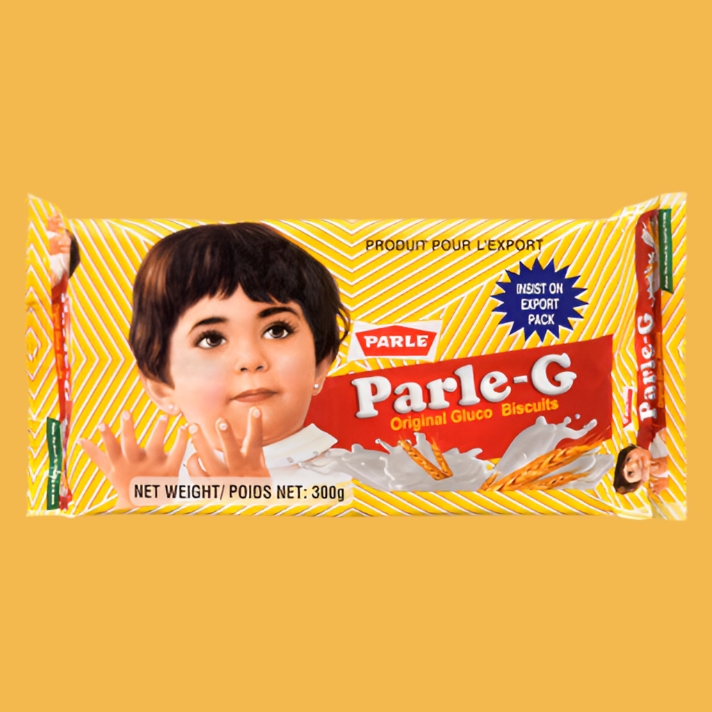 Parle-G biscuit package with a child's face on a yellow background