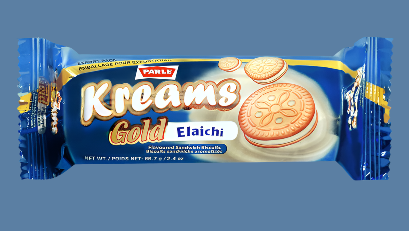 Parle Kreams Gold Elaichi biscuit package on a blue background