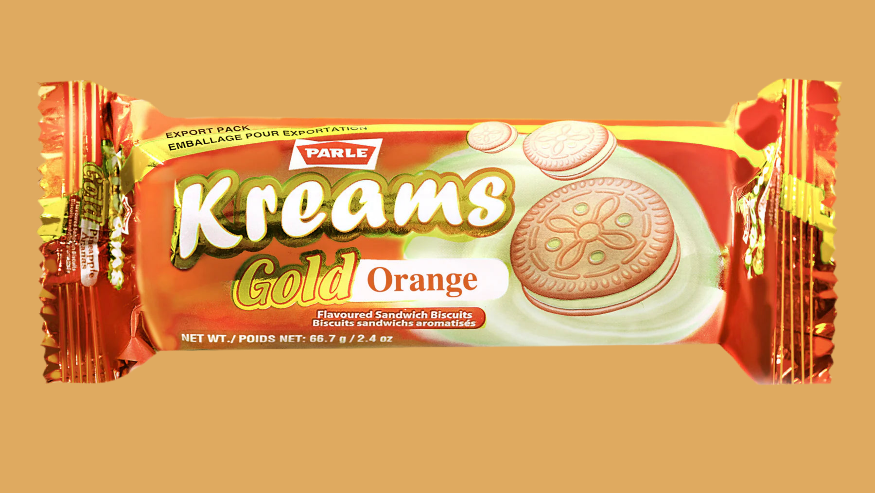 Parle Kreams Gold Orange biscuit package on a beige background