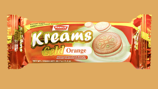 Parle Kreams Gold Orange biscuit package on a beige background