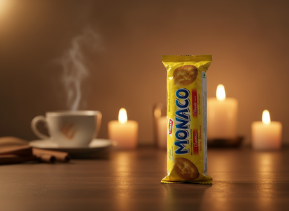 Monaco cookie bar package on a wooden surface with candles and a cup in the background