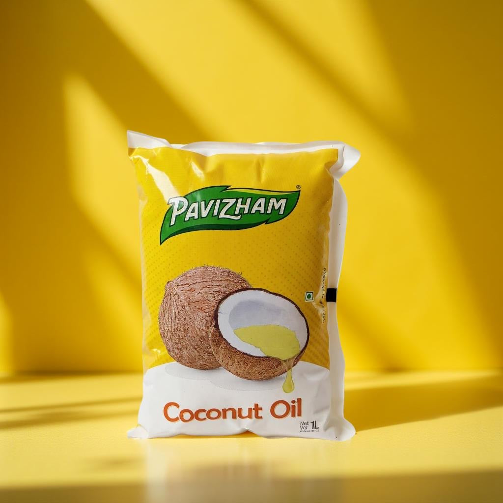 Pavizham coconut oil packaging on a yellow background