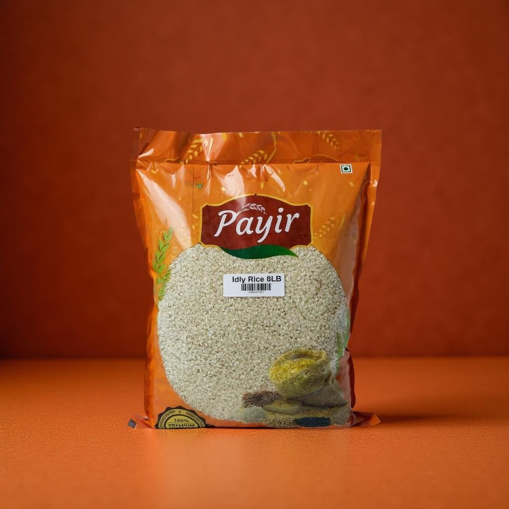 Payir brand package of Idly Rice on an orange background