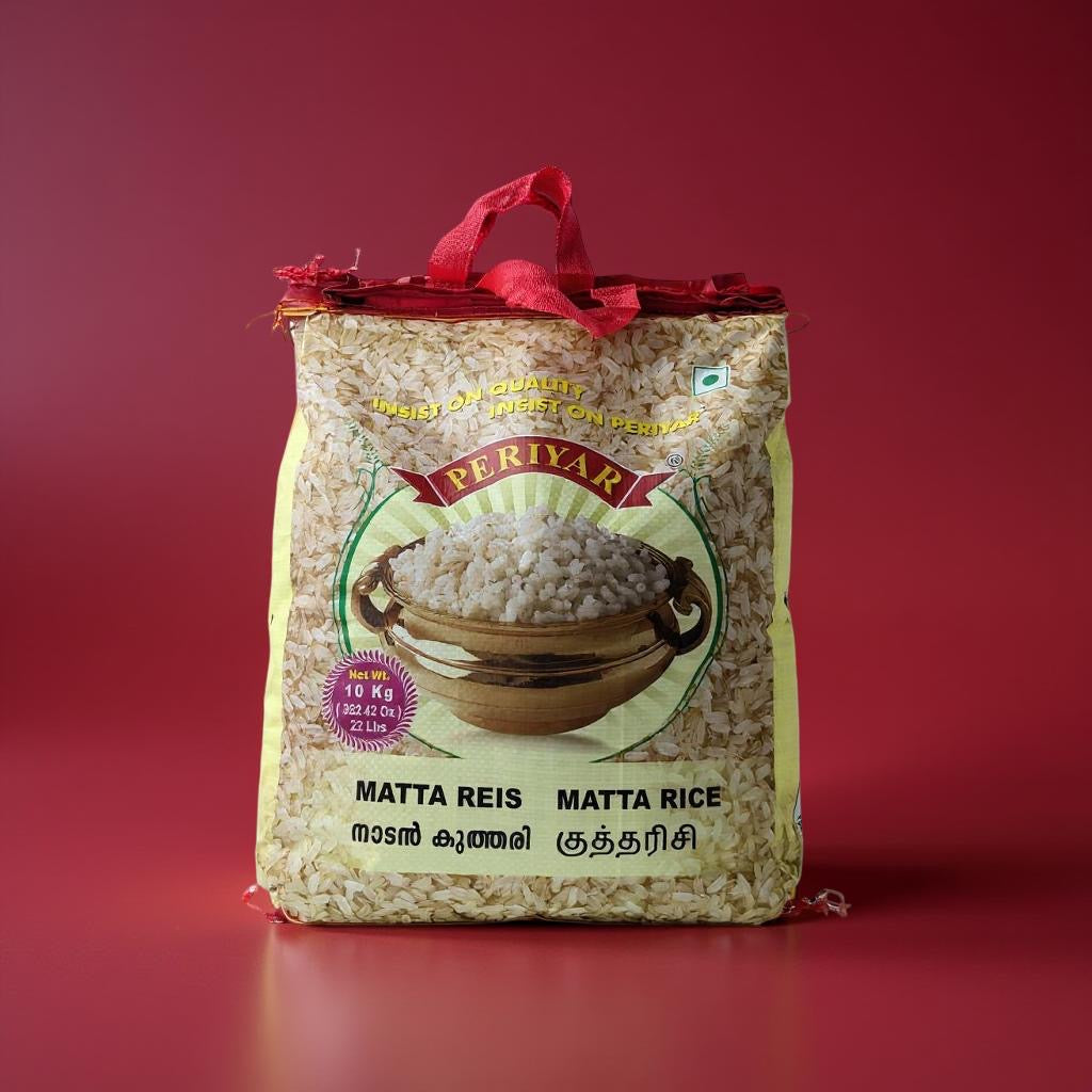 Bag of Matta Reis Matta Rice with Periyar branding on a red background