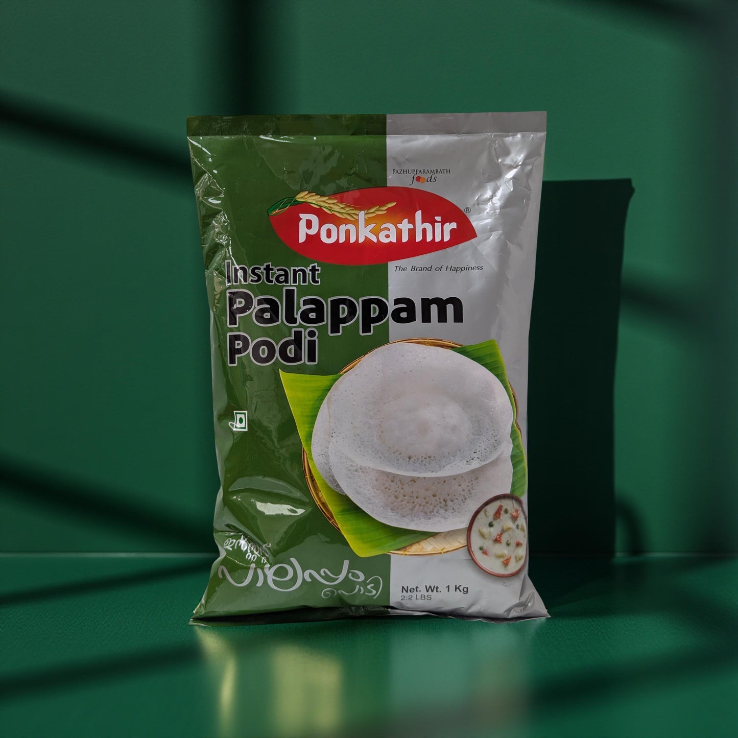 Ponkathir Instant Palappam Podi packaging on a green background