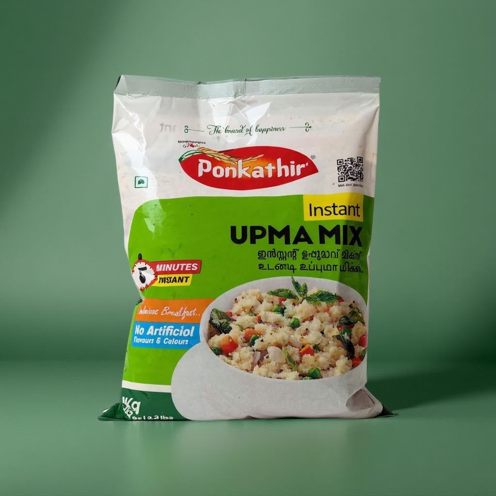 Ponkathir Instant Upma Mix package on a green background