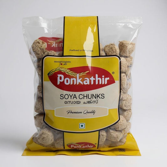 Packaged soya chunks with Ponkathir label on a white background