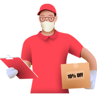Person in red uniform with a clipboard and box, wearing a face mask.