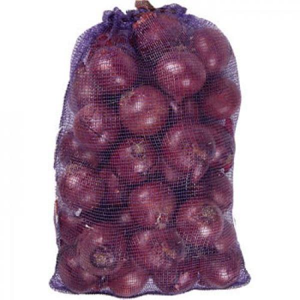 Bag of red onions on a white background