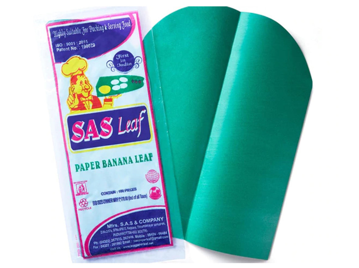 Green paper banana leaf with SAS Leaf packaging on a white background
