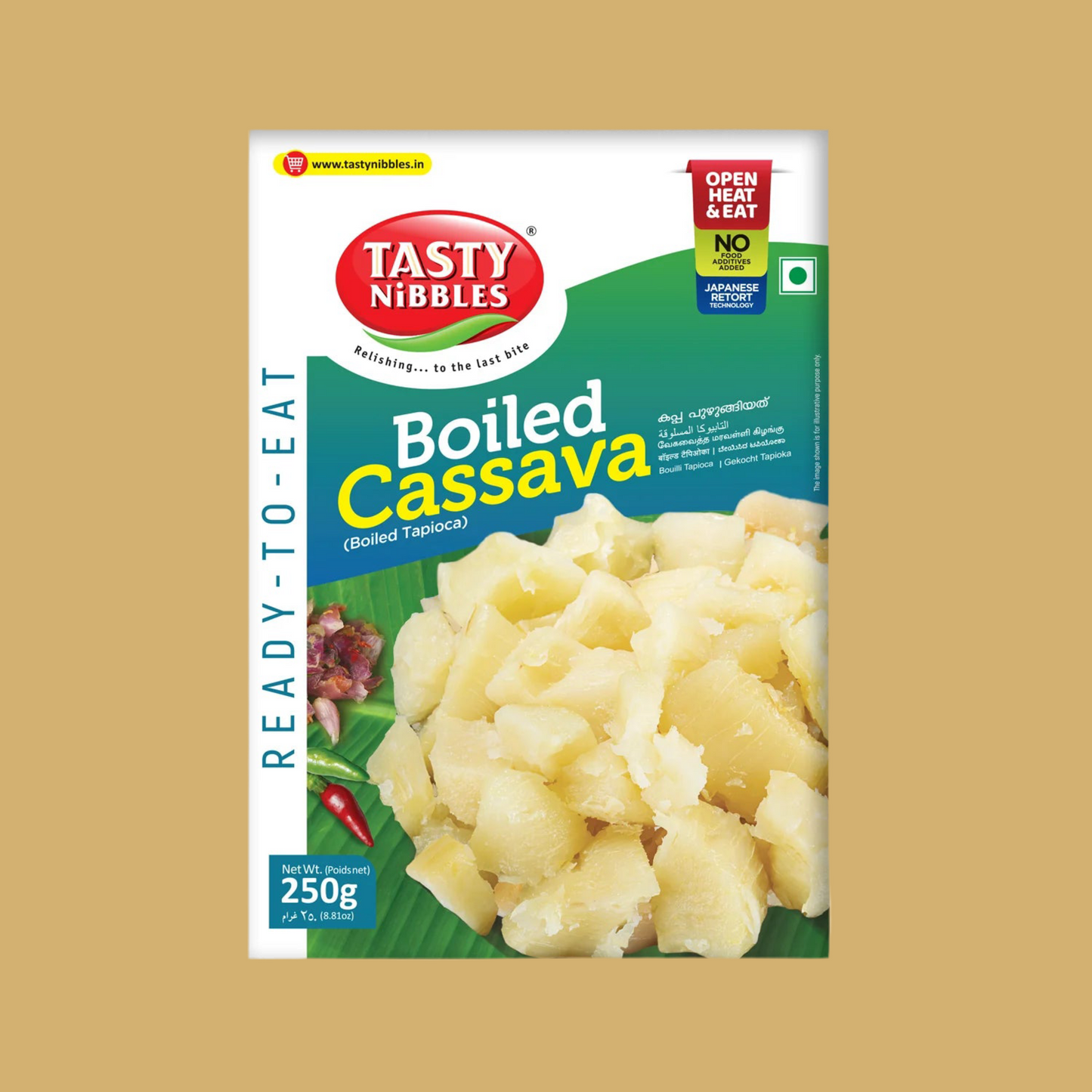 Tasty Nibbles Boiled Cassava packaging on a beige background