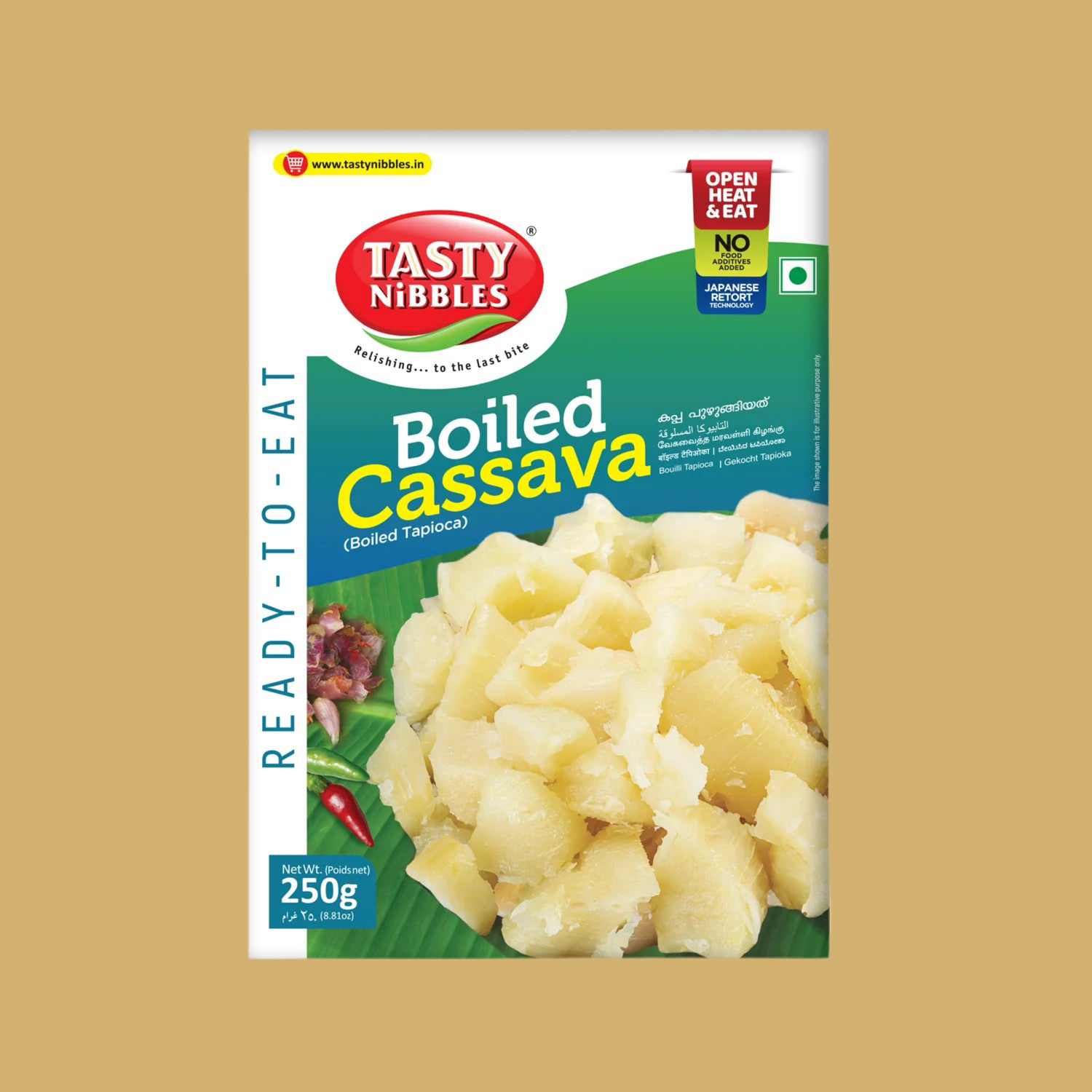Tasty Nibbles Boiled Cassava packaging on a beige background