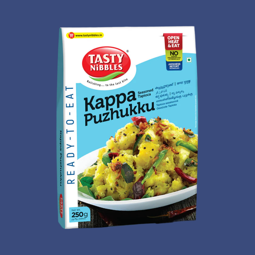 Tasty Nibbles Kappa Puzhukku packaging on a blue background