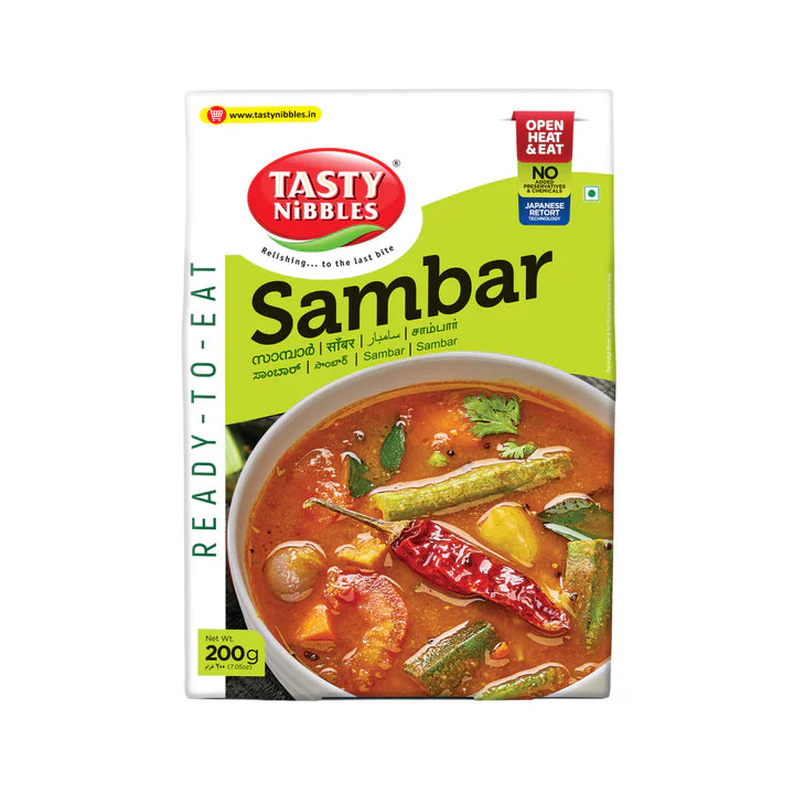Tasty Nibbles Sambar ready-to-eat food package on a white background